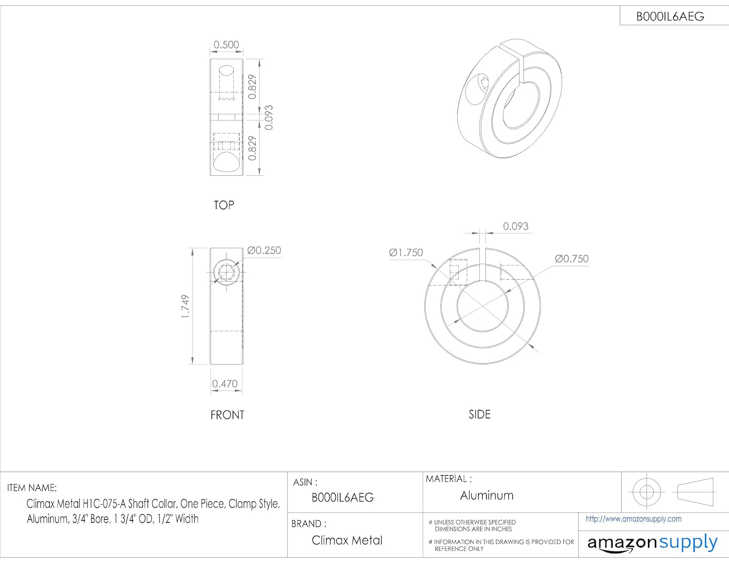 1 Bore 2 OD Stainless Steel 1/2 Width Climax Metal H1C100S Shaft