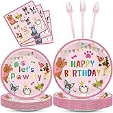 200Pcs Dog Birthday Party Decorations Puppy Tableware Dinnerware Set Pink Pet Lets Pawty Theme Paper Plates and Napkins Paw Print Disposable Dessert Cake Plates Supplies for Girls Birthday Favors