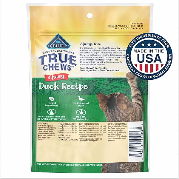 BLUE BUFFALO TRUE CHEWS NATURAL CHEWY CAT TREATS, MADE IN THE USA, DUCK RECIPE, 3-OZ RESEALABLE BAG