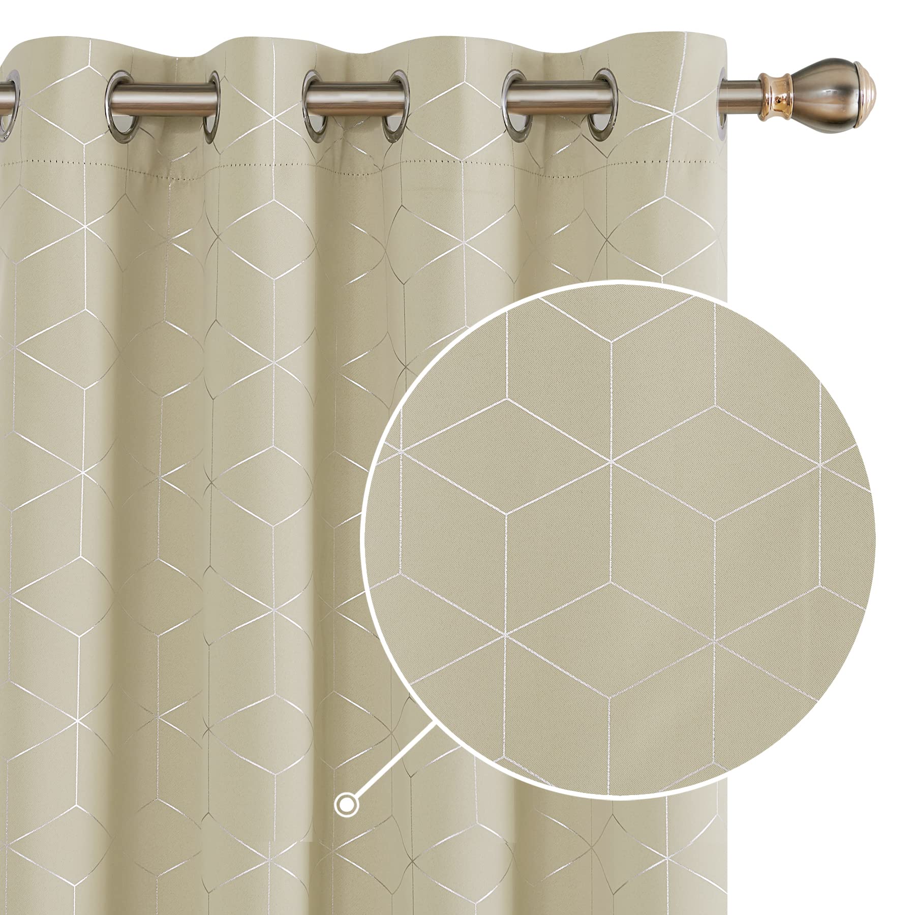 Deconovo Blackout Thermal Insulated Curtains, Silver Diamond Printed Curtains for Bedroom, 46 x 54 Inch(Width x Length), Beige, One Pair