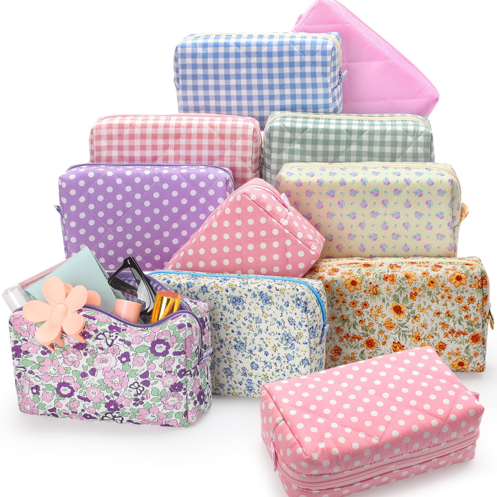 Photo 1 of Paterr 10 Pcs Cotton Quilted Makeup Bag Bulk Floral Cosmetic Pouch Gingham Make up Bag Coquette Aesthetic Makeup Pouch with Zipper Travel Portable Case Preppy Gifts for Women (Plaid Style)