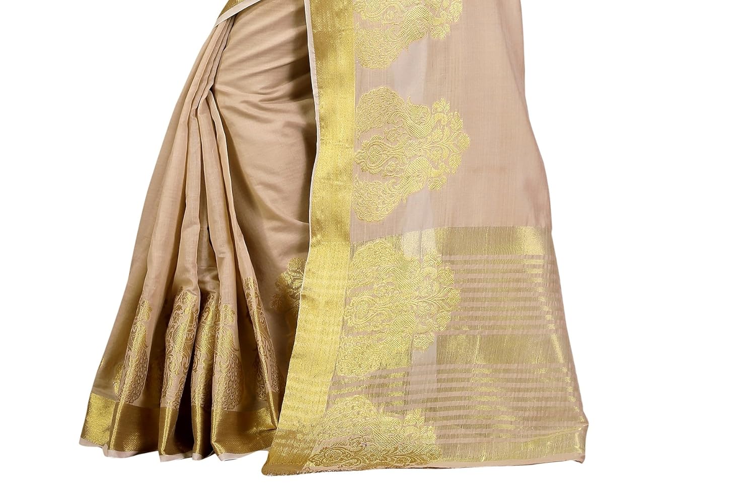 women's poly cotton traditional saree unstitched blouse design (raj peacock chikku_beige)