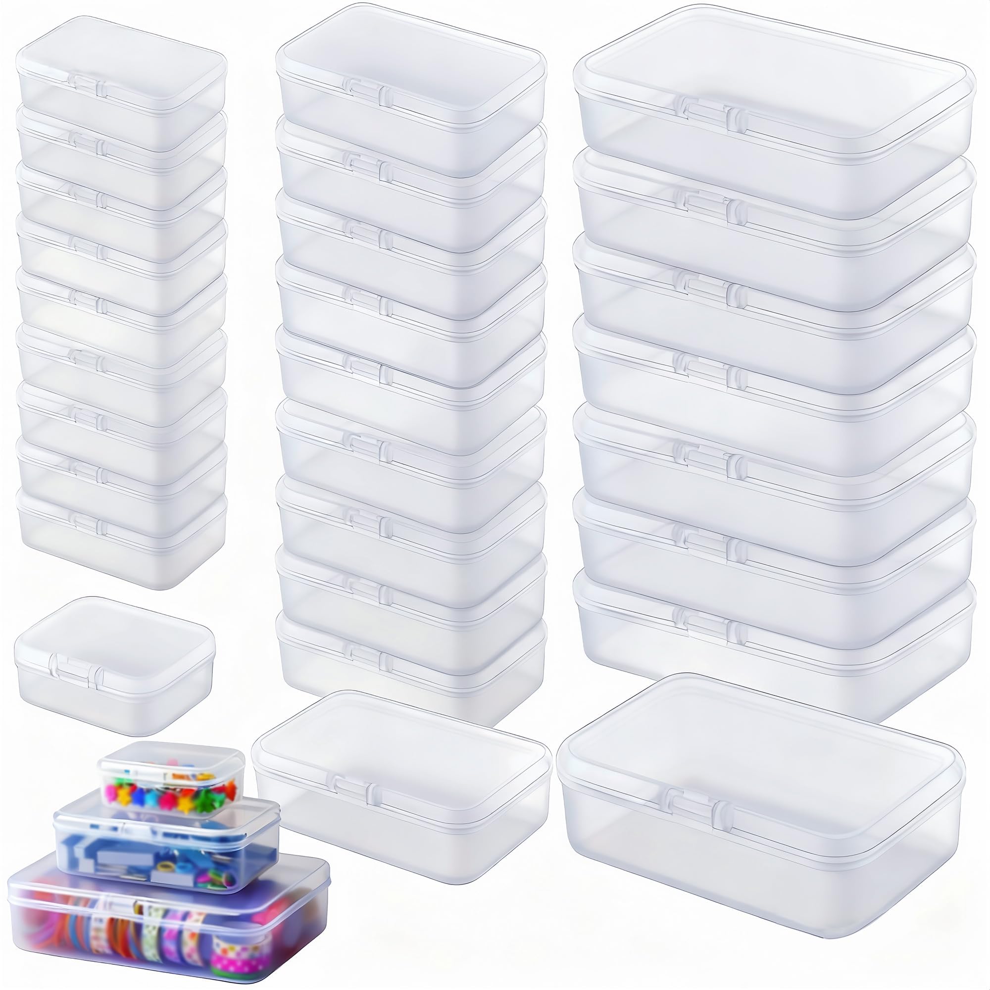 LJY 28 Pack Frosted White Plastic Storage Boxes with Lids 3 Mixed Sizes – Rectangular Small Containers for Diamond Art Accessories, Beads and Hardware, Stackable Craft Storage Box Set