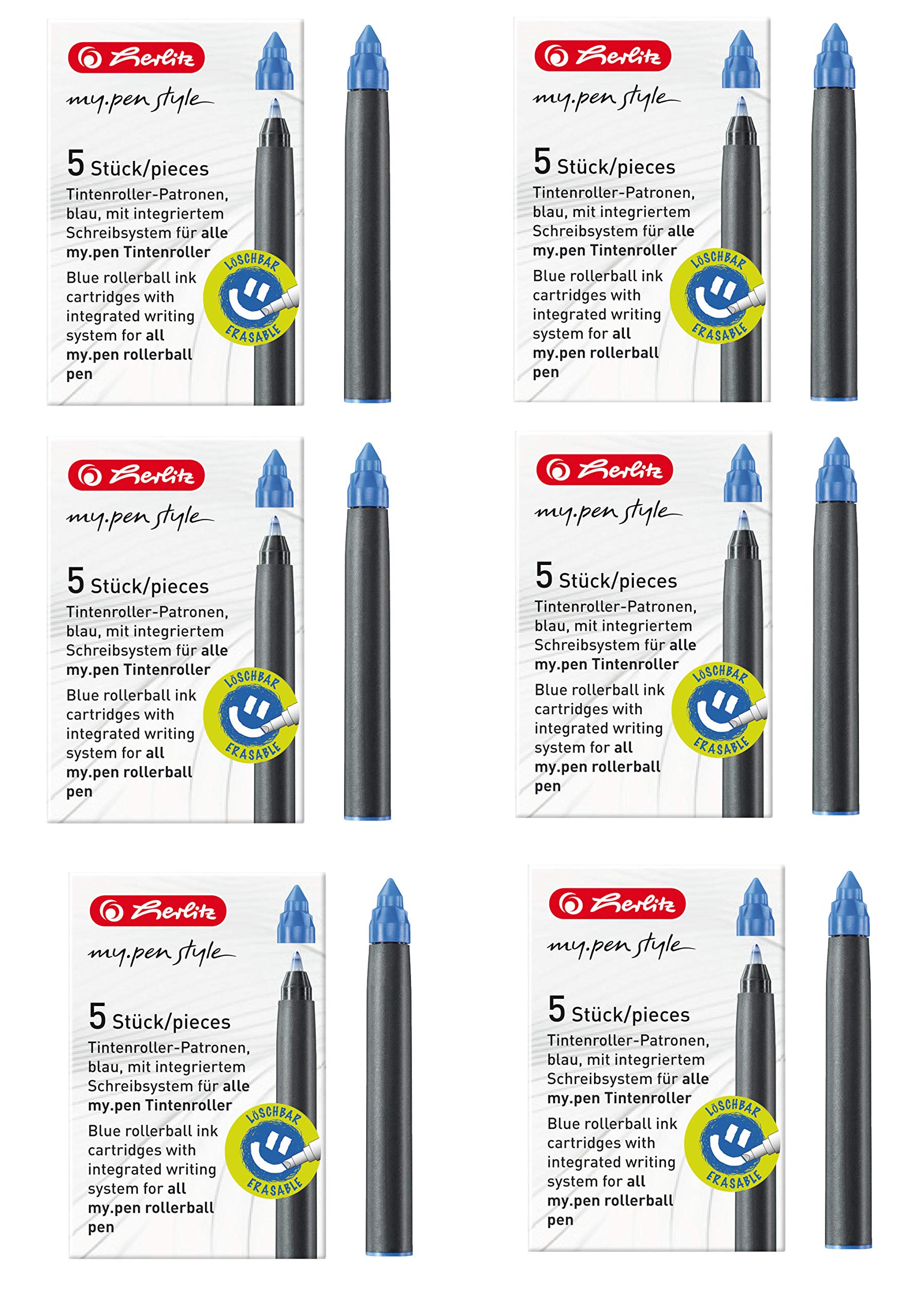 Herlitz 11378999 my.pen rollerball cartridges, pack of 5, blue (pack of 6, cartridges my.pen)