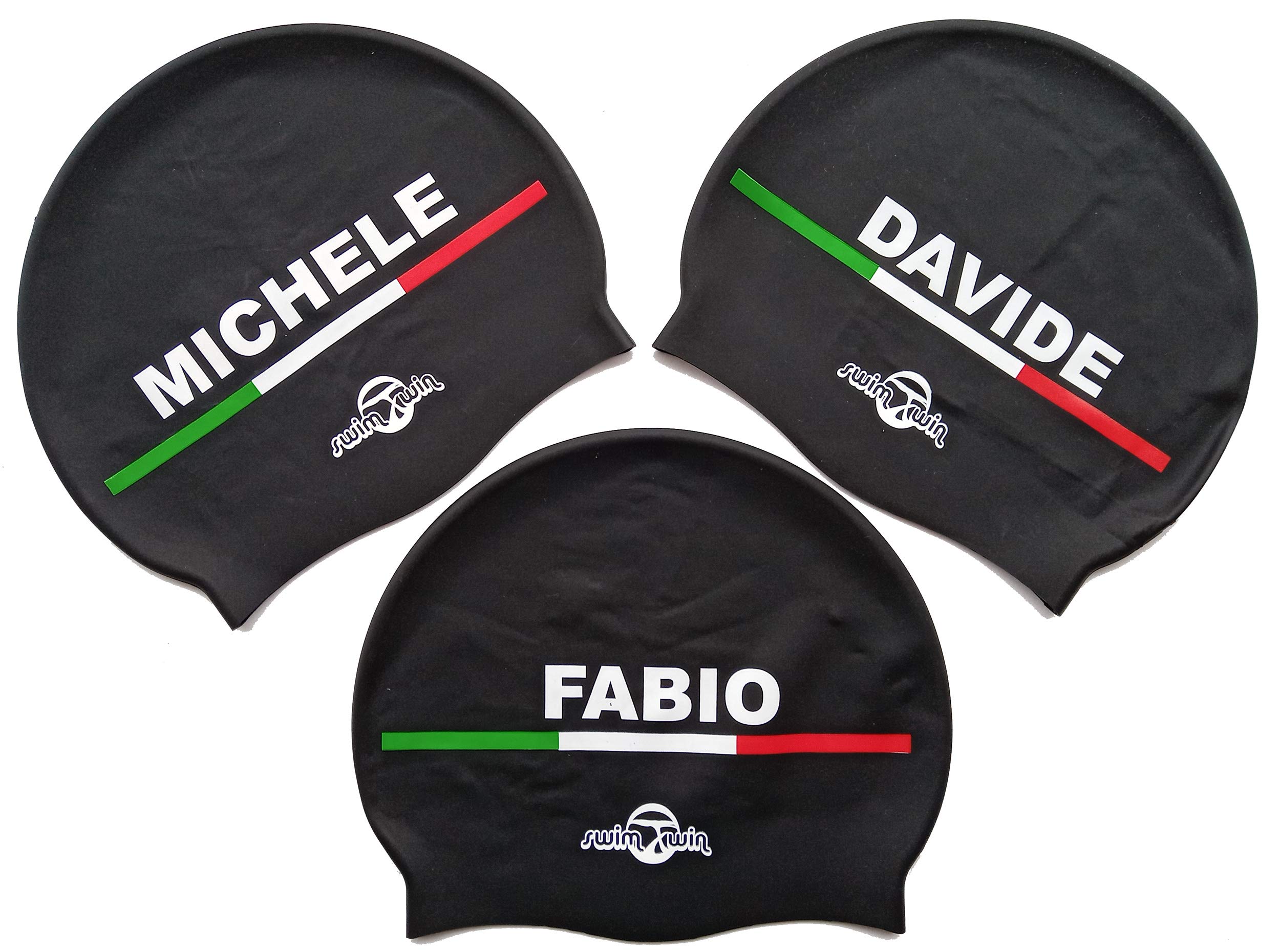 Swimxwin Daniele | Silicone Hat Customised with Your Name | Swimming Hat | High Comfort and Adherence | Italian Design and Style | Black |