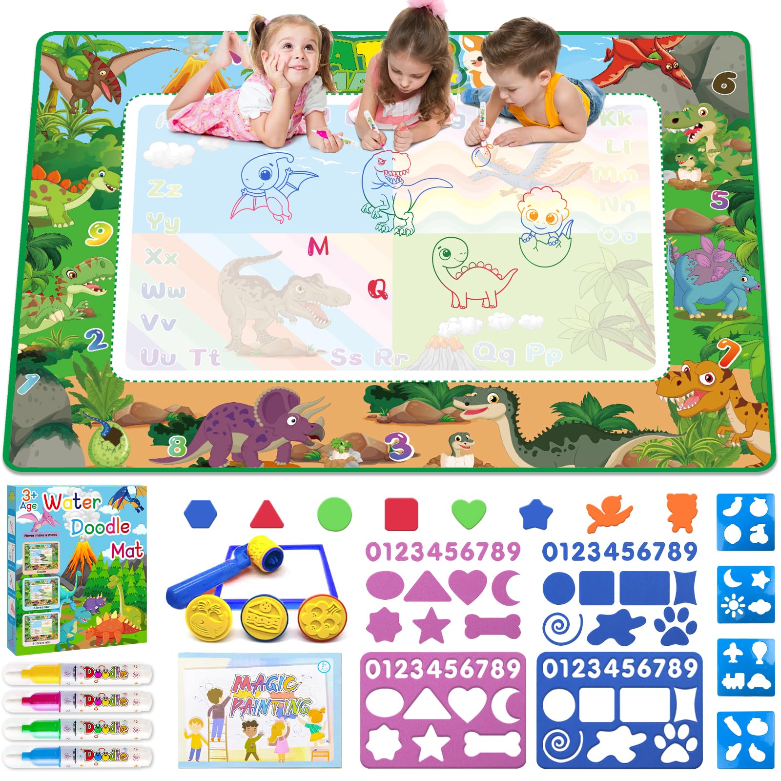 60×40 Inches Water Doodle Mat Kids Mess Free Coloring for Toddlers 3 4 5 6 7 8 9 Years, Large Doodle Mat with 4 Magical Water Pens 0-9 Number Educational Toys Boys Girls Christmas Birthday Present