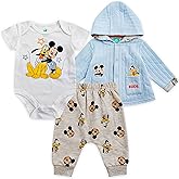 Disney Winnie the Pooh Baby Boys Pants Set with Bodysuit and Hooded Snap Quilted Jacket 3 Pack Set for Infant