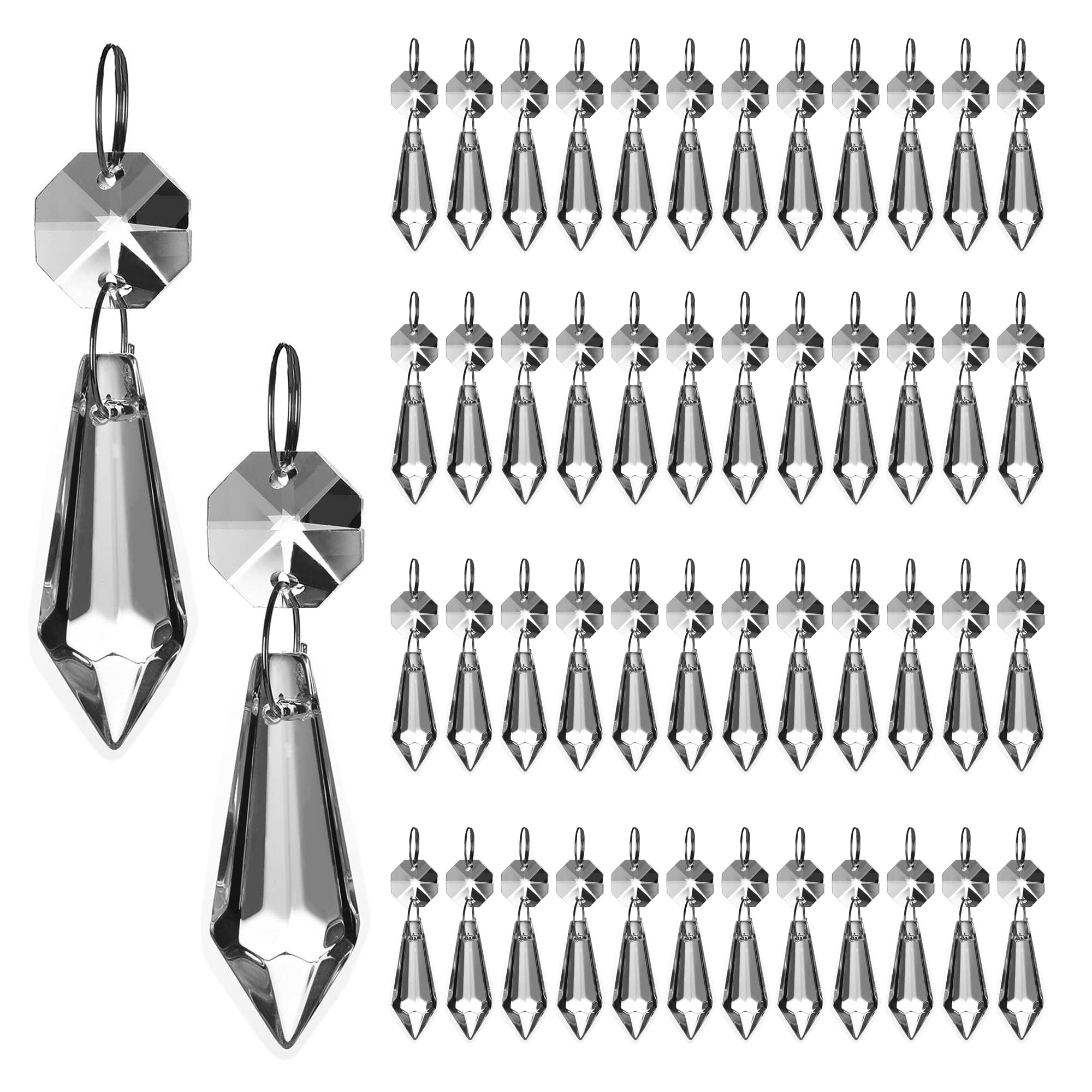HDCRYSTALGIFTS Clear Chandelier Icicle Crystal Prisms Octogan Glass Bead for Lamp Decoration,Pack of 50 (38mm&Silver Circle Clips)