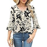 Rapbin 3/4 Length Sleeve Womens Tops Summer Lace Ruffles Sleeve T Shirts V-Neck Dressy Casual Trendy Tunic Blouses