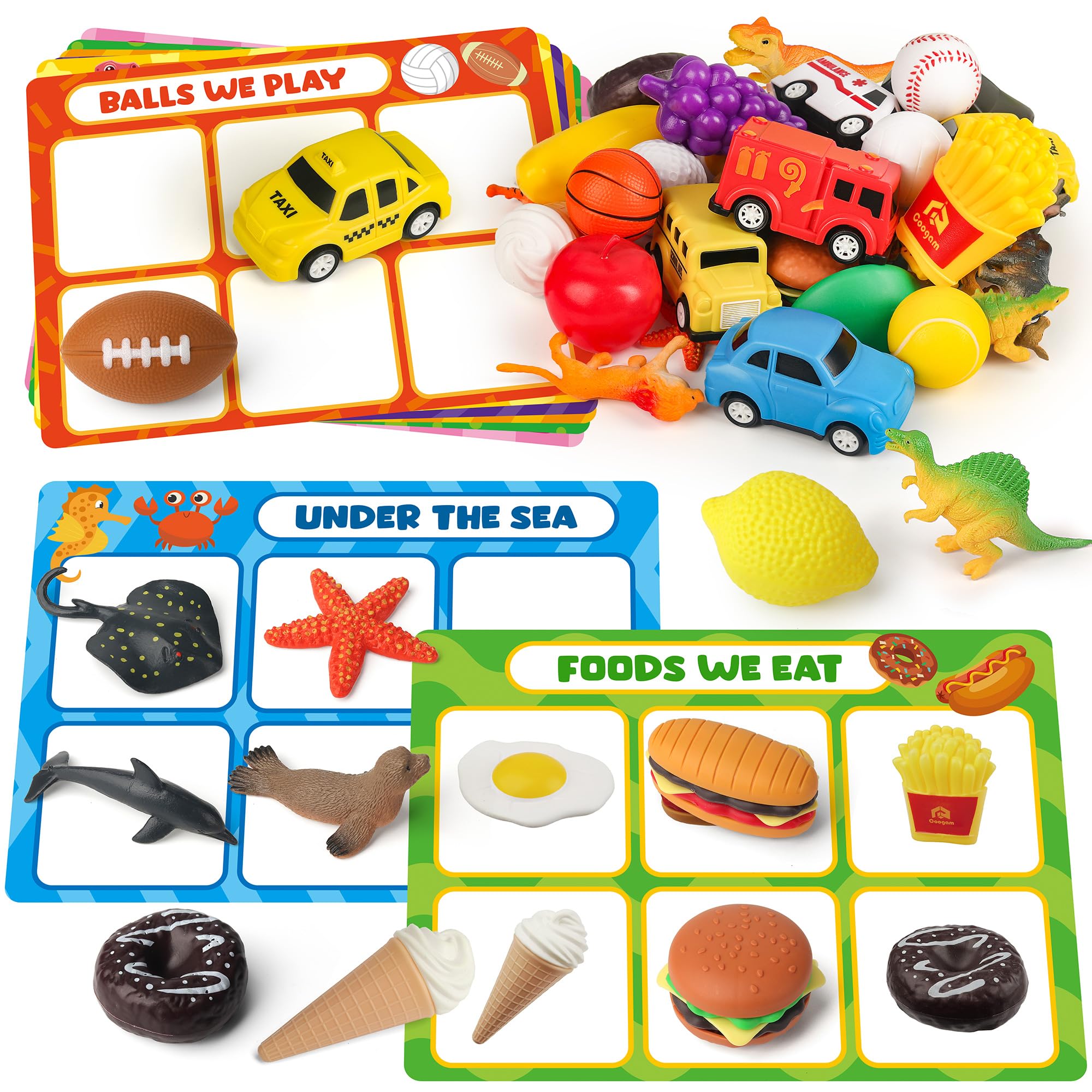 Photo 1 of Coogam Sorting Toy for Toddlers, Animals Dinosaurs Fruits Vehicles Foods Fishes Balls Farm Playset, Fine Motor Montessori Game Preschool Educational Learning Gift for Year Old Kids