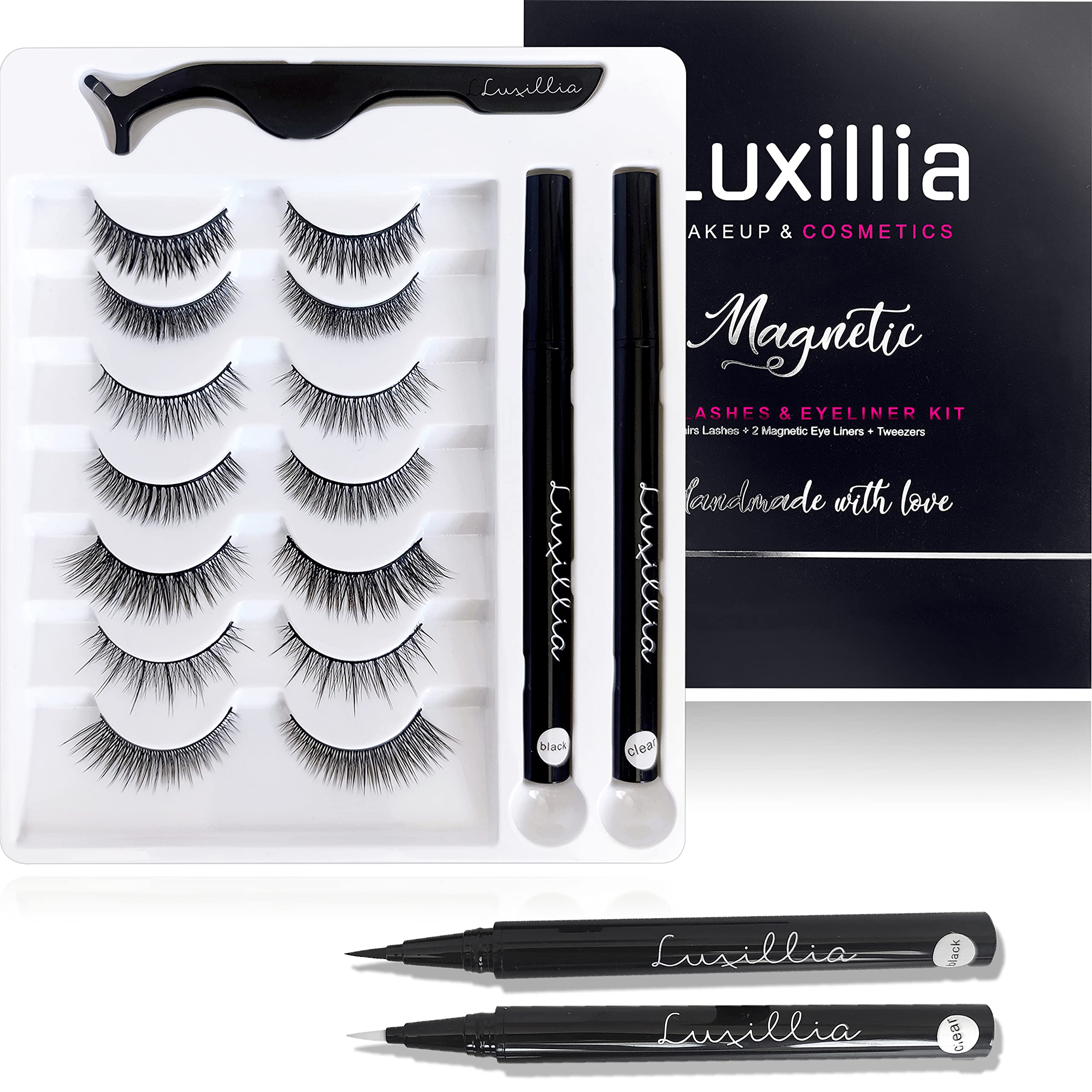 Luxillia 10 Piece Eyelash Magnetic Lashes with Eyeliner (Clear and Black) - Natural Looking False Magnetic Eyelashes Kit with Waterproof Liquid Liner Applicator, 8D, 3D Look, Reusable Fake Eye Lash