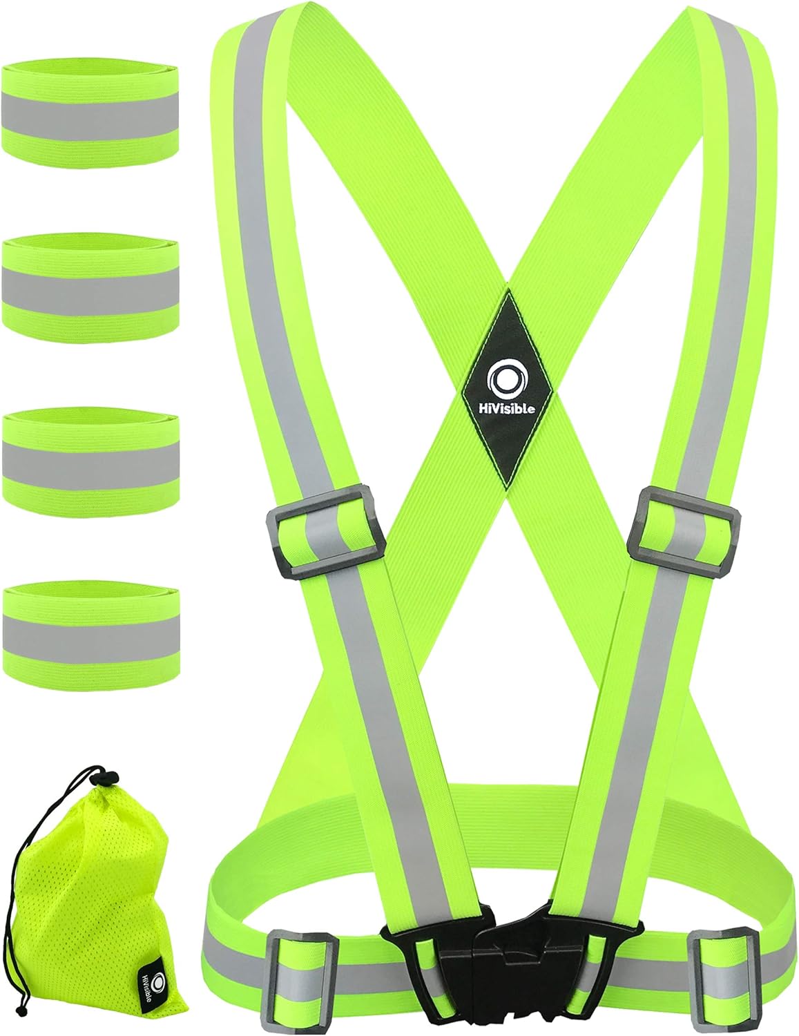 Reflective Vest with Reflective Bands - Reflective Running Gear for Men and Women for Night Running, Biking, Walking. Reflective Running Vest, Safety Straps, Reflector Strips (Green Vest + 4 Bands) : Sports & Outdoors