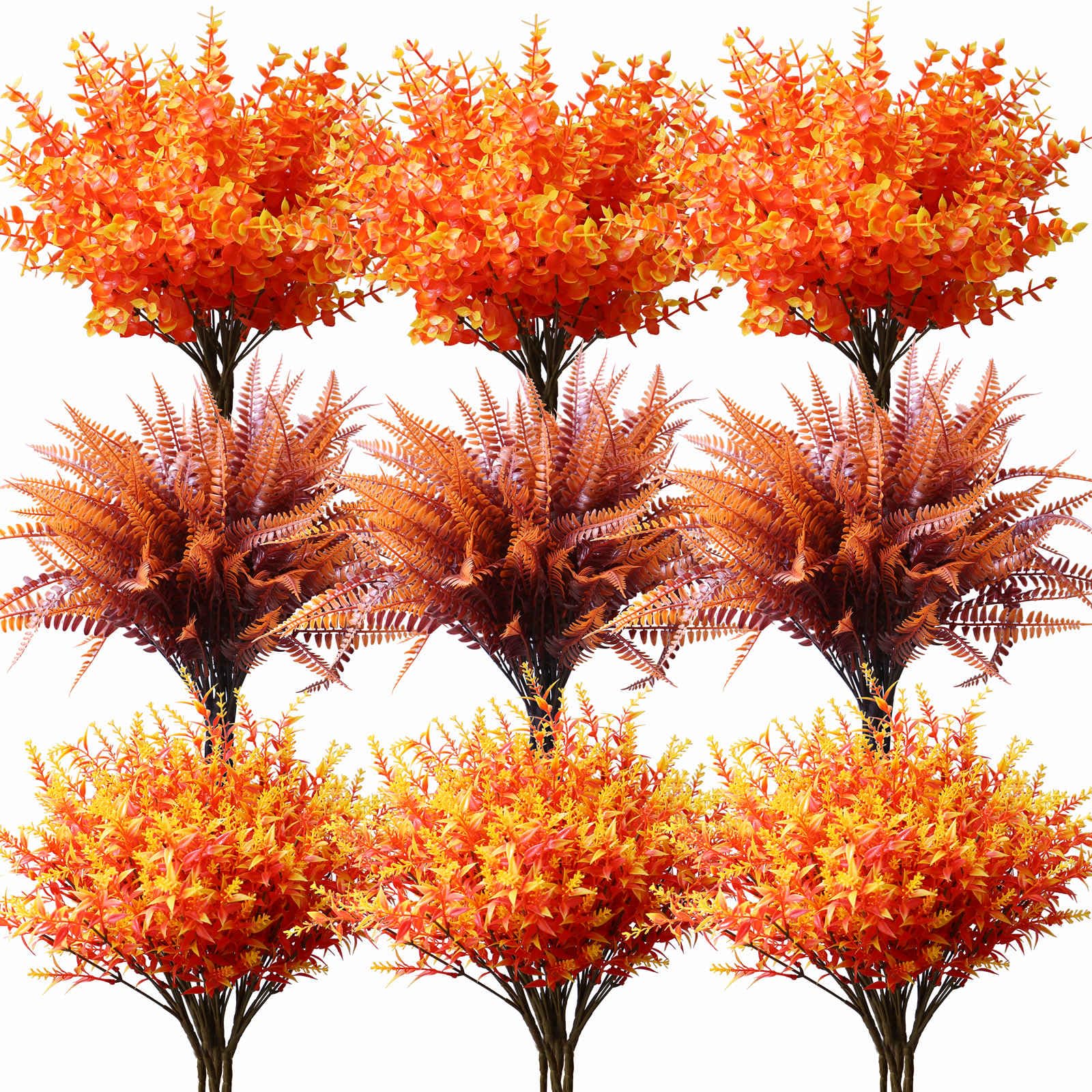 YXYQR 18PCS Outdoor Fall Artificial Flowers Plants UV Resistant Bulk Autumn Outside Fake Lavender Fern Plant No Fade Faux Plastic Greenery Shrubs Arrangement for Front Porch Window Box Hanging Basket