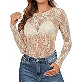 A AGROSTE Women's Mesh Long Sleeve Top Sexy See Through Lace Blouse with Floral Embroidery Y2K Sheer Crew Neck Shirt