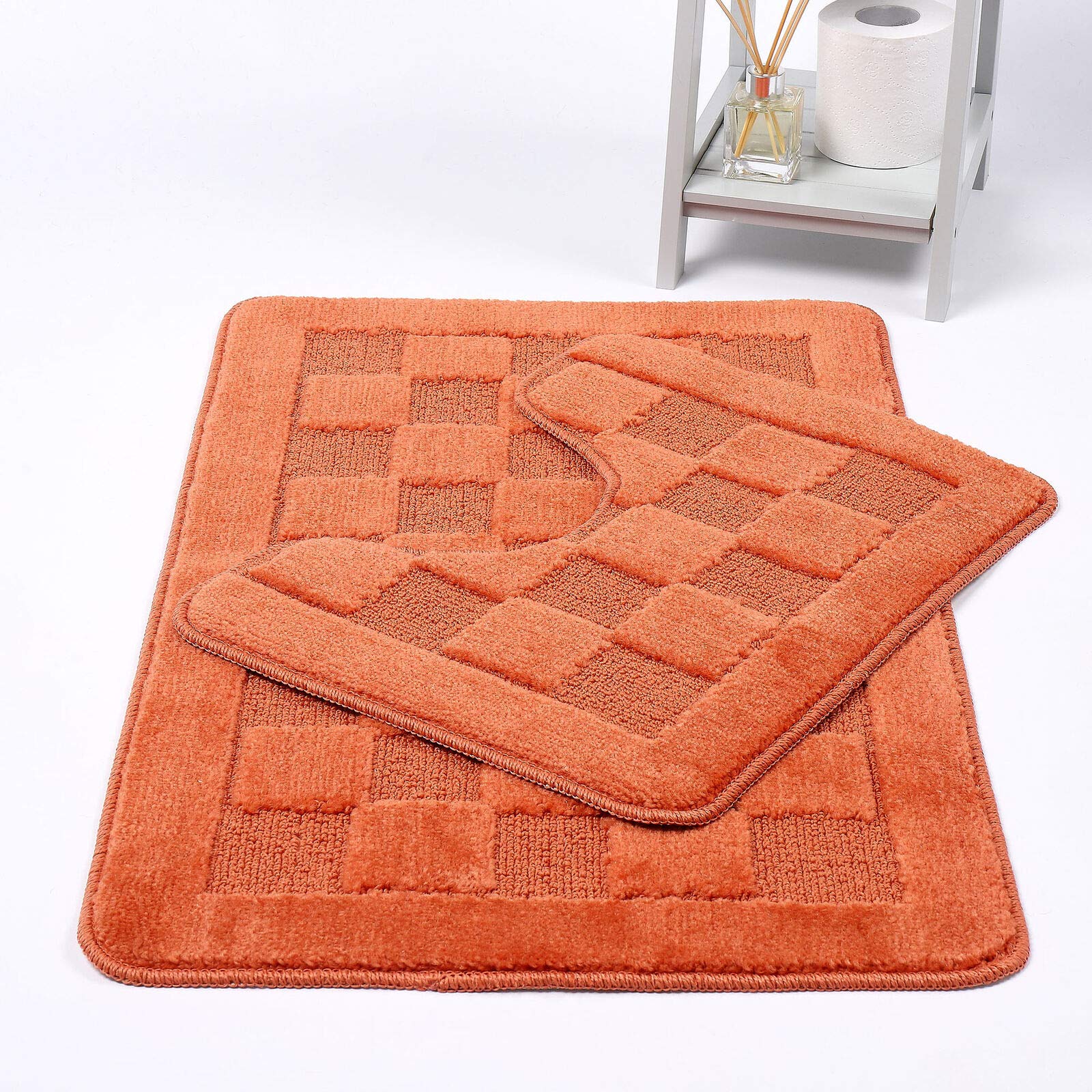 HOMES-LINEN Squares 2 Piece Bath Mat & Pedestal Set Non Slip Extra Absorbent Square Bathroom Toilet Rug Bath Mats Set (Terracotta)