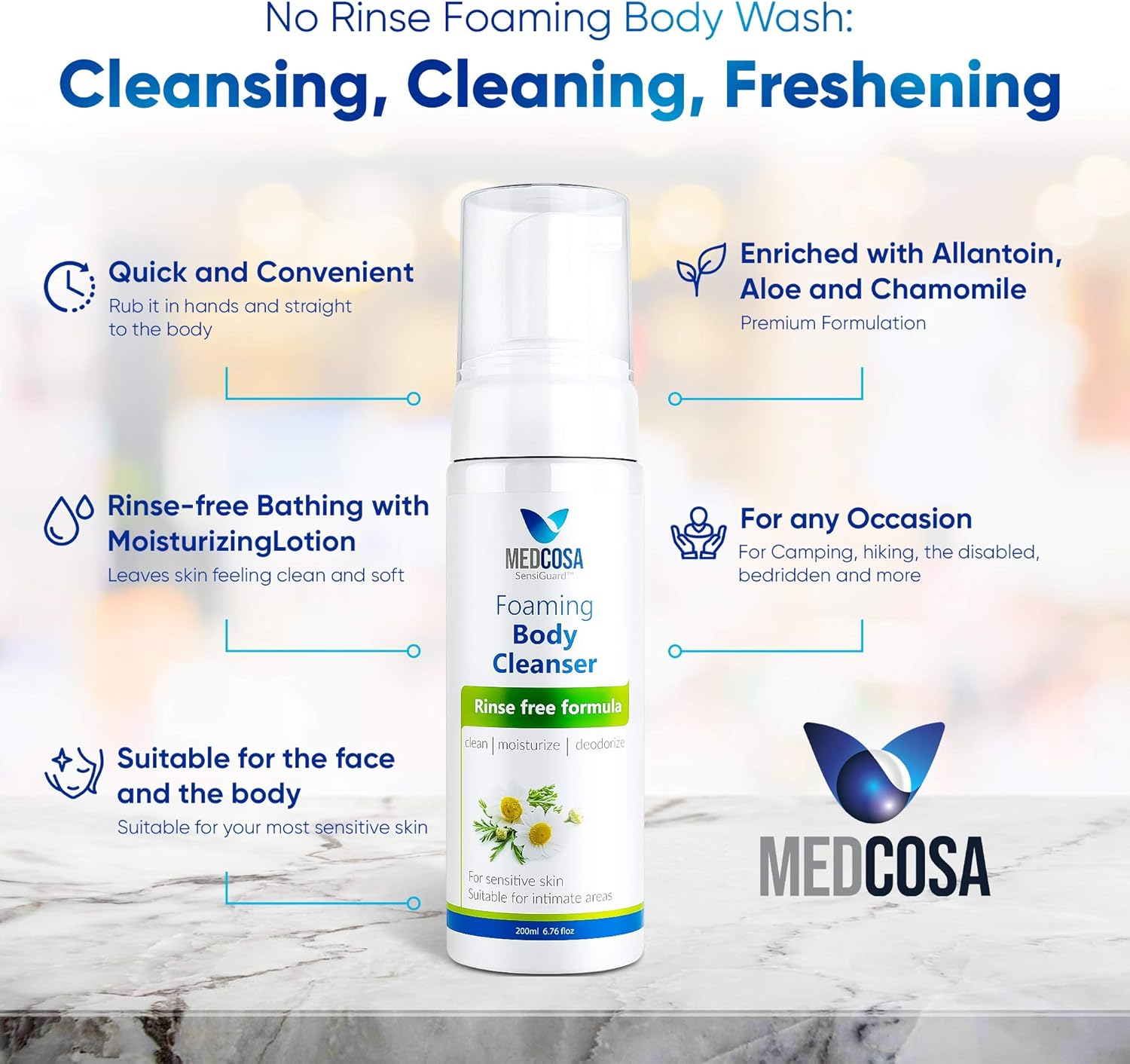 No Rinse Body Wash by Medcosa Full Body Cleansing Foam for Adults and