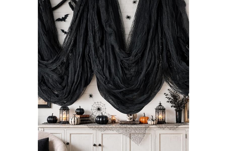 600 x 80 in Halloween Creepy Cloth for Yard and Outdoor Decorations, Black | Large Scary Gauze Cheesecloth for Creating Spooky Fabric Displays in Haunted Houses, Parties, Walls, Doorways and Windows
