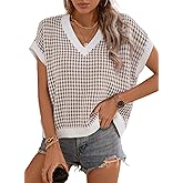 Dokotoo Womens Casual Summer Tops V Neck Short Sleeve Plaid Knit Vest Loose Fit Pullover Sweaters Blouses
