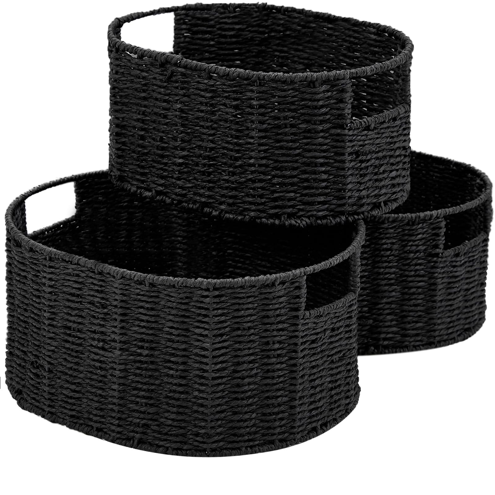 Photo 1 of Vagusicc Wicker Basket, Set of 3 Round Storage Baskets for Organizing, Woven Paper Rope Wicker Storage Basket with Handles, Black Cube Storage Organizer Bins Baskets for Shelves & Decor, Black