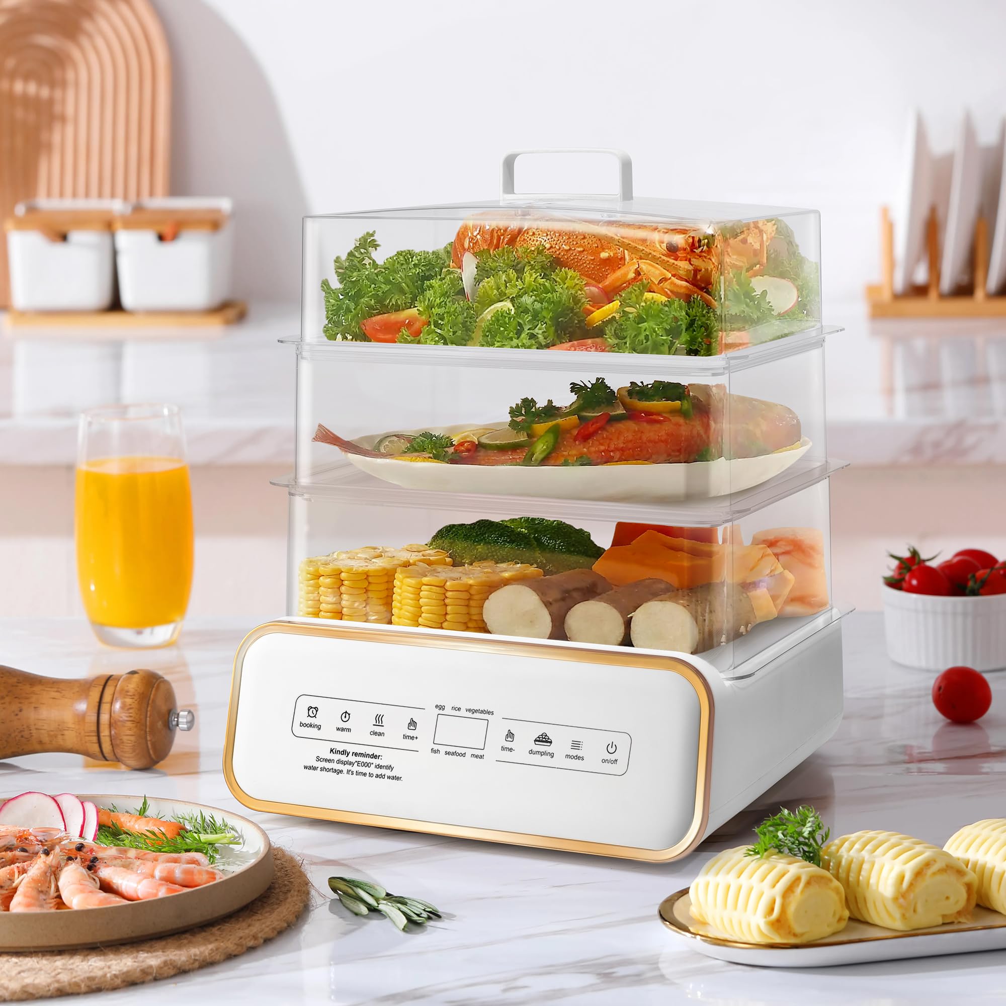 SUSTEAS Food Steamer for Cooking - 17QT Vegetable Steamer with 24H Booking & 60Min Timer, Electric Steamer with Digital Display and 3 Tier Stackable Trays, Auto Shut-Off & Boil Dry Protection