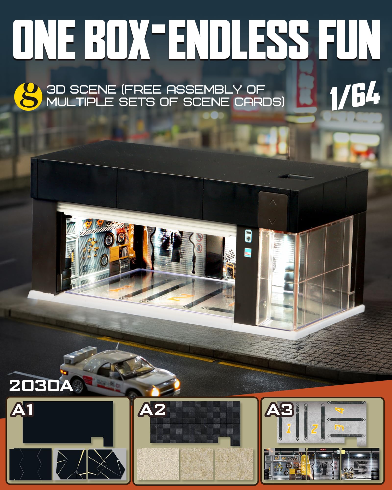 1/64 Scale Diecast Display Case for Hot Wheel Storage with LED Lights, Stackable Electric Garage with Voice Control, 3 Replaceable 3D Scenes Parking Lot Diorama for Model Cars (Black)