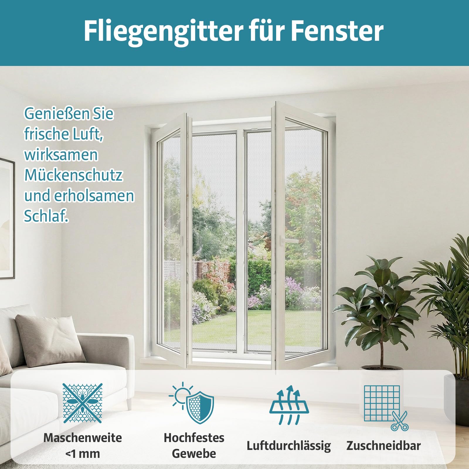 YANGTE Fliegengitter für Fenster 4 Stück 130x150 cm, Insect Stop Insektenschutz mit Klettband selbstklebend, Moskitonetze für Fenster schützen die Familie vor Insekten Schwarz 2