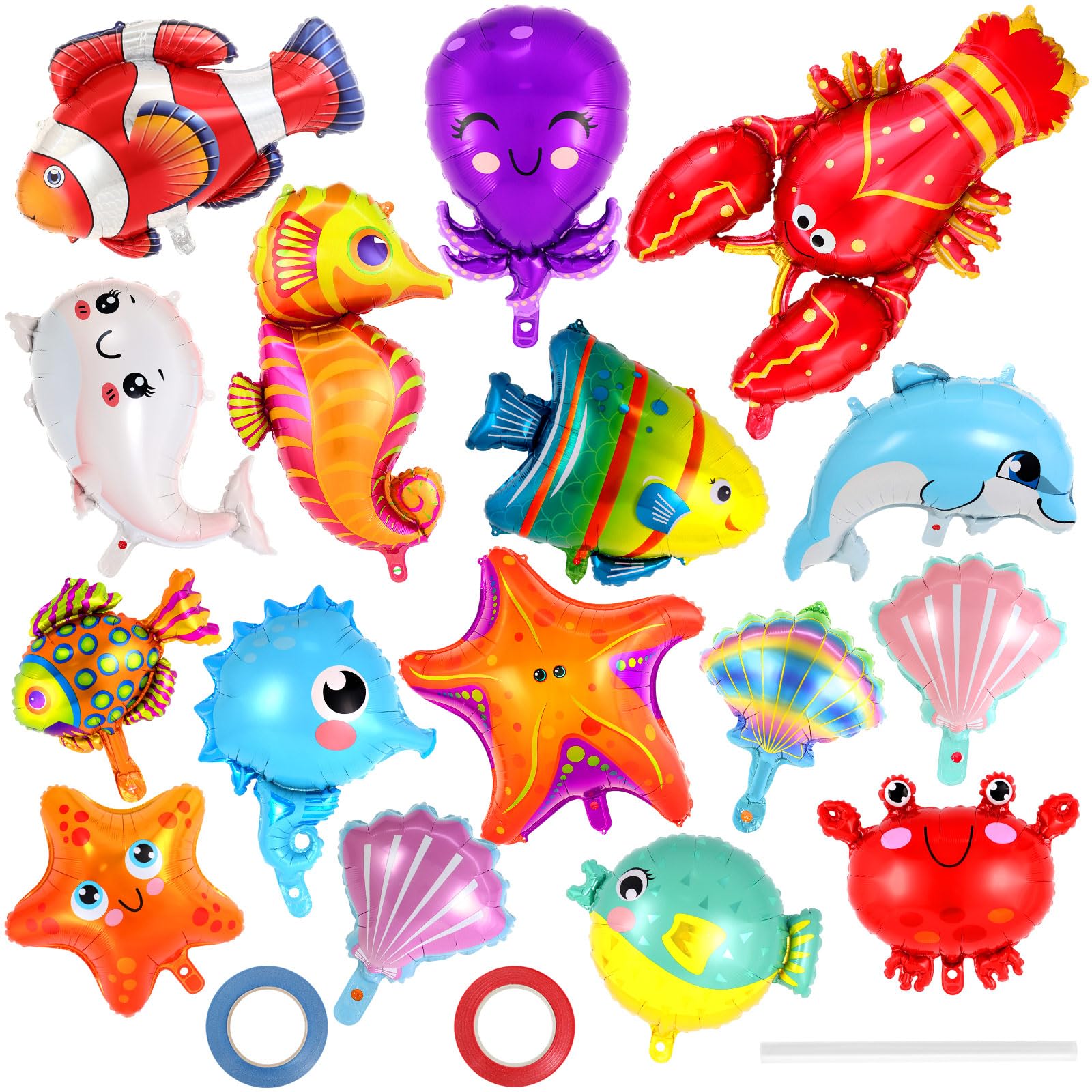 Photo 1 of 16 Pcs Ocean Animal Balloons, Under The Sea Balloons, Fish Lobster Octopus Starfish Seahorse Foil Balloon for Kids, Sea Animal Mylar Balloon for Beach Ocean Pool Birthday Party Decorations