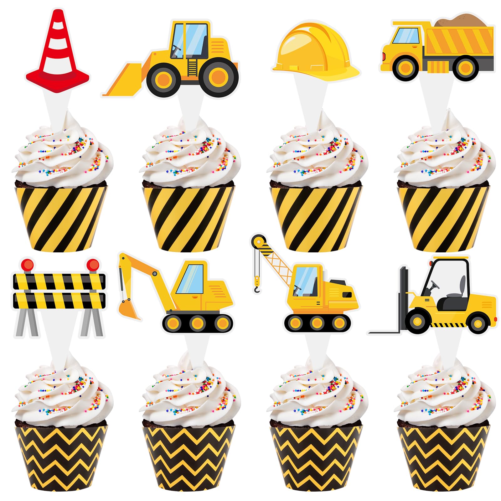 Hooqict 48 Pack Construction Cupcake Toppers and Wrappers Excavator Dump Truck Tractor Birthday Party Decorations Cupcake Picks for Kids Boys Construction Theme Baby Shower Birthday Party Supplies