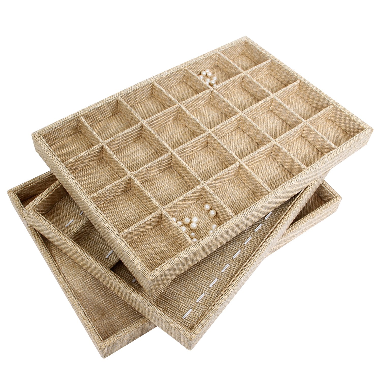 Valdler Sackcloth Stackable 24 Grid Jewelry Tray Showcase Display