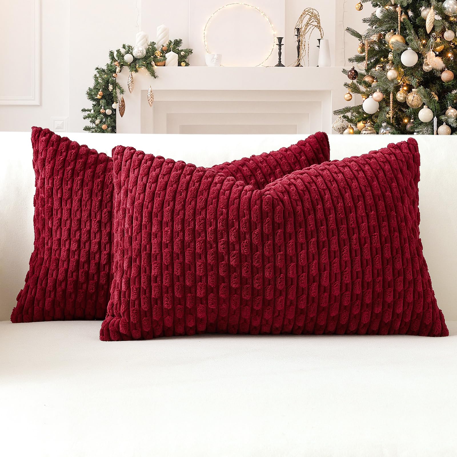 Sungeek Set of 2 Wine Red Soft Corduroy Decorative Cushion Covers Boho Striped Throw Pillow Covers for Sofa Couch Living Room Patio Farmhouse Home Decor Pillowcases 40x60cm