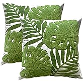 TAOSON Pack of 2,Tropical Green Leave Pattern Embroidered Throw Pillow Cover,Cotton Canvas Cushion Covers, Spring Farmhouse Decor, Valentine's Day Gift Square Farmhouse Floral Pillow Case 18" x18"