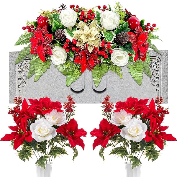 GIEGXIN 3 PCS CHRISTMAS HEADSTONE FLOWER SADDLE CEMETERY FLOWERS FOR GRAVE RED GOLD POINSETTIA BERRY ROSES ARTIFICIAL MEMORIAL BOUQUETS WITH VASE OUTDOOR GRAVEYARD DECORATION FOR TOMBSTONE HEADSTONE