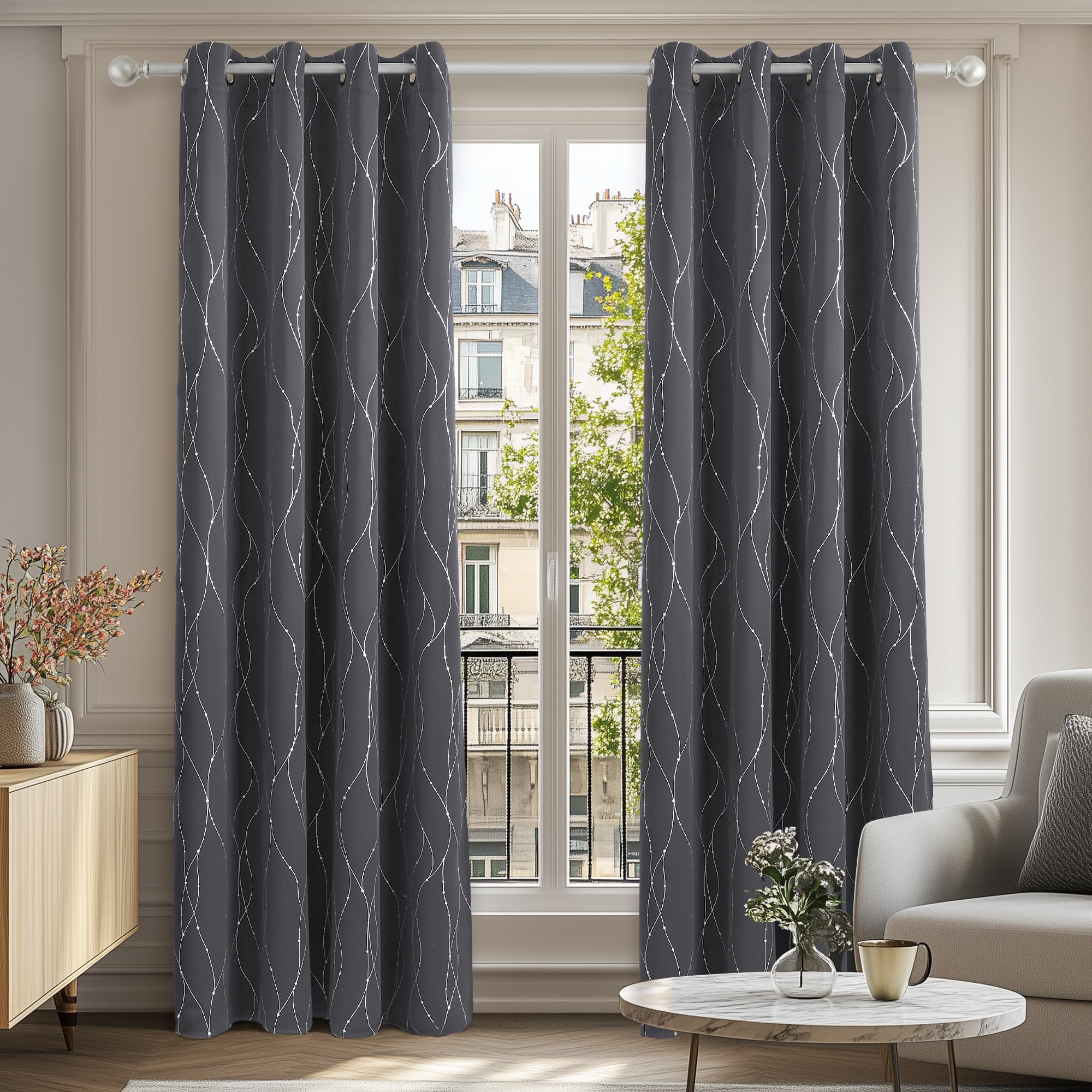 Deconovo Curtains for Living Room, Dotted Line Decorative Super Soft Thermal Insulated, Energy Saving Blackout Curtains for Kids, Dark Grey, 46 x 54 Inch(Width x Drop), 2 Panels