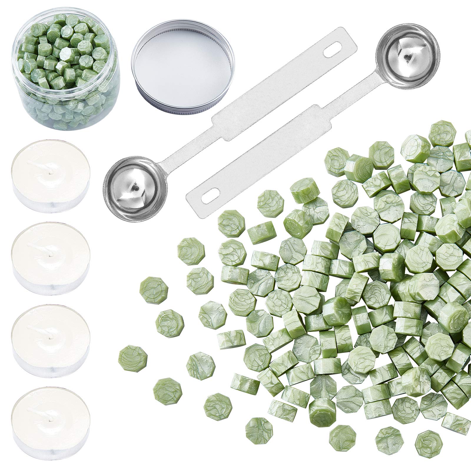 CRASPIRE 300 Pieces Octagon Sealing Wax Beads Sticks with 4 Pieces Tea Candles and 2 Piece Wax Melting Spoon for Wax Stamp Sealing (Green)