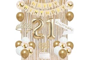 Trgowaul 21st Birthday Decorations for her, Champagne Gold Happy 21st Birthday Supplies for Girls, 21 Sash and Crown, Banner, Fringe Curtains, Cake Topper, 21 Year Old Party Supplies Set