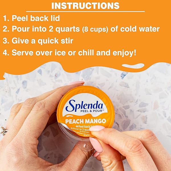 SPLENDA PEEL AND POUR ZERO CALORIE DRINK MIX, NATURALLY FLAVORED SUGAR FREE CONCENTRATE, 6 MULTI SERVE LIQUID PITCHER PODS (PEACH MANGO), PACK OF 1, 2.0 QUARTS