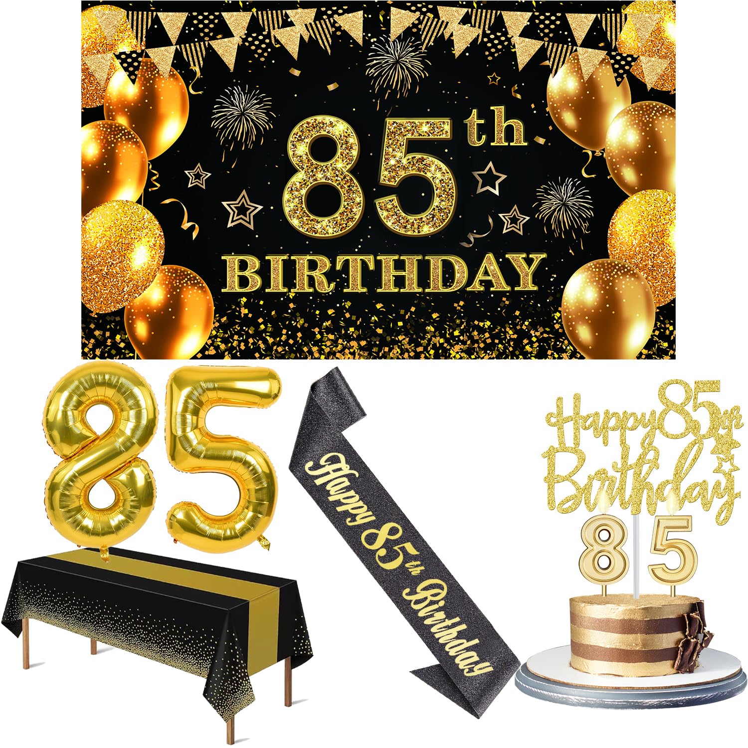 Photo 1 of 85th Birthday Decorations Men Women with 85th Birthday Banner, Black and Gold Table Cloth, Number Balloons, Sash, Cake Topper and Candles