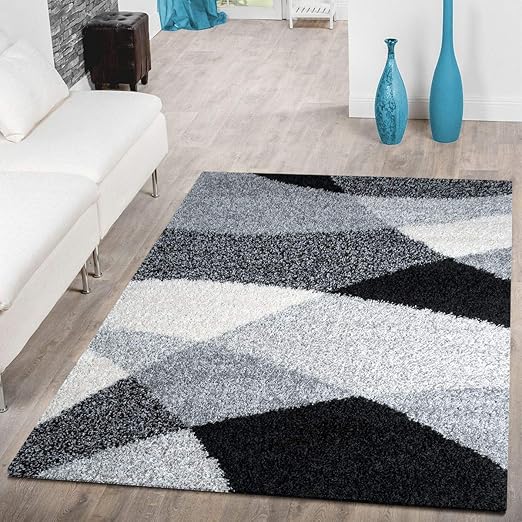 Tt Design Tapis Moderne Poils Longs Shaggy Vigo à Motifs Noir Gris Blanc Super Prix Dimension120x170 Cm