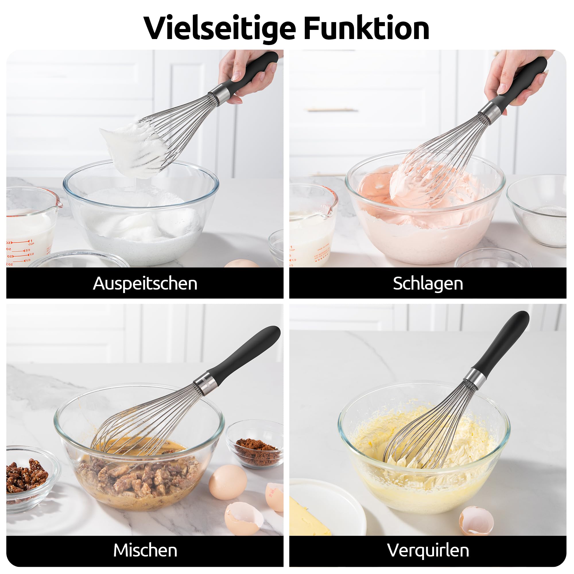 U-Taste Küchen-Schneebesen: 30 cm großer Ballonschneebesen aus Edelstahl 18/10 mit 12 hochflexiblen Drähten und Silikongriff zum Schlagen Vermengen und Verrühren von Teig und Soßen (Schwarz) 9