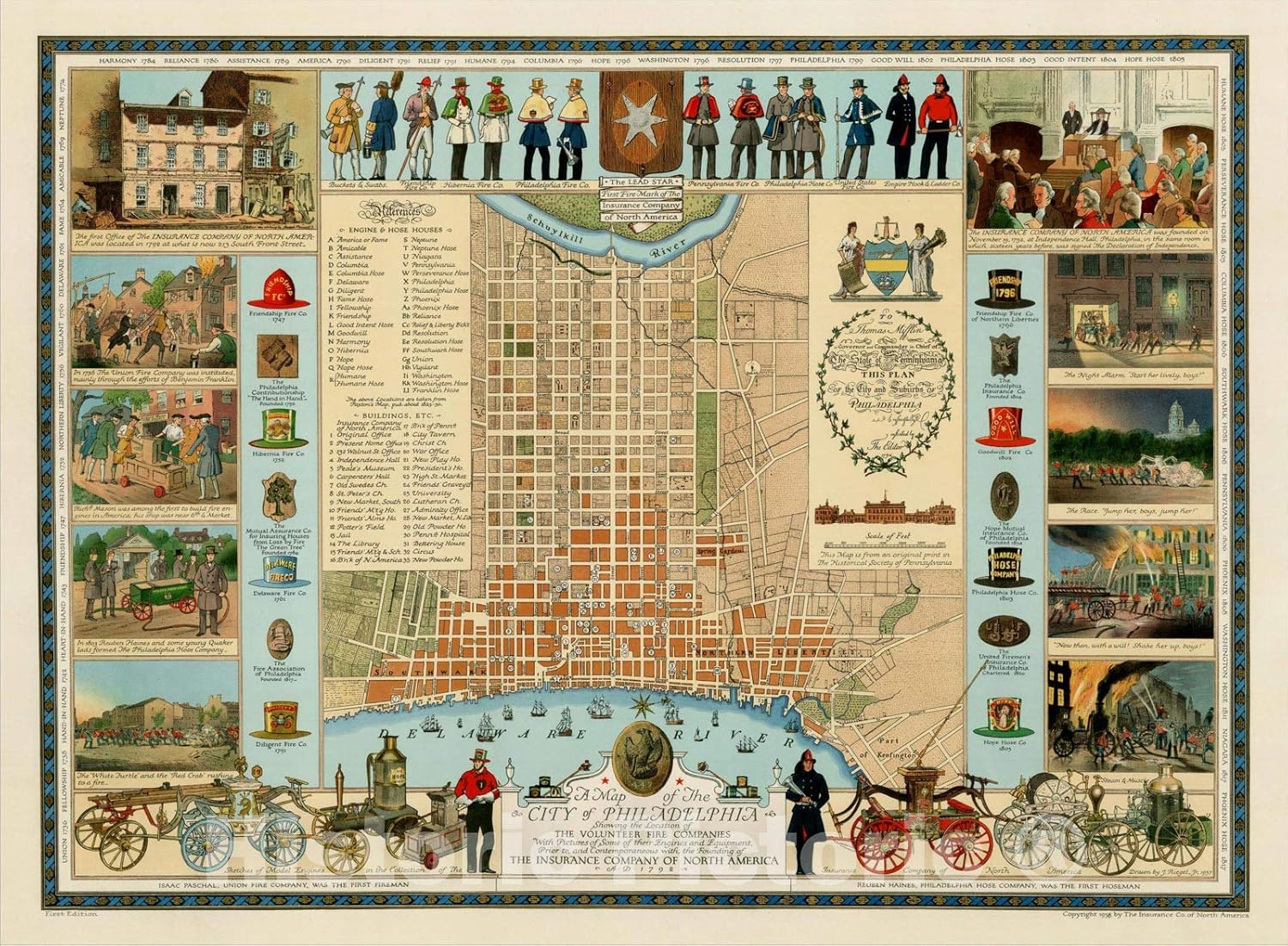 Historic Map : A Map of The City of Philadelphia Showing The Location of The Volunteer Fire Companies, A.D. 1792, 1938, Insurance Company of North America, Vintage Wall Art : 60in x 44in