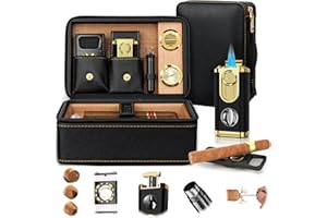 KIRENP Travel Cigar Humidor Set, 2-Layer Design & CedarWood Lined, with Cigar Lighter Built-in V Cutter&Holder, Cigar Cutter, Draw Enhancer, Hygrometer, Humidifier, Portable Leather Cigar Case, Gifts for Men