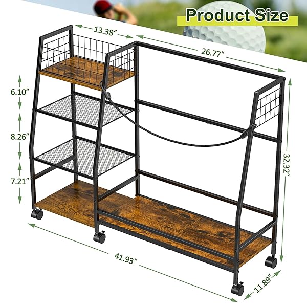 GOLF BAG STORAGE RACK FOR GARAGE WITH WHEELS, ORGANIZER FOR 2 GOLF BAG AND EQUIPMENT ACCESSORIES, GOLF ORGANIZER STAND IDEAL FOR HOME, GARAGE, CLUB, SHED, BASEMENT – STURDY AND DURABLE (BLACK)