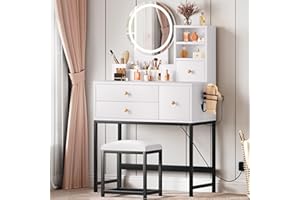 YITAHOME Makeup Vanity Desk with Mirror and Lights, Small Vanity Makeup Table for Bedroom with Lots Storage, 3 Lighting Modes, White