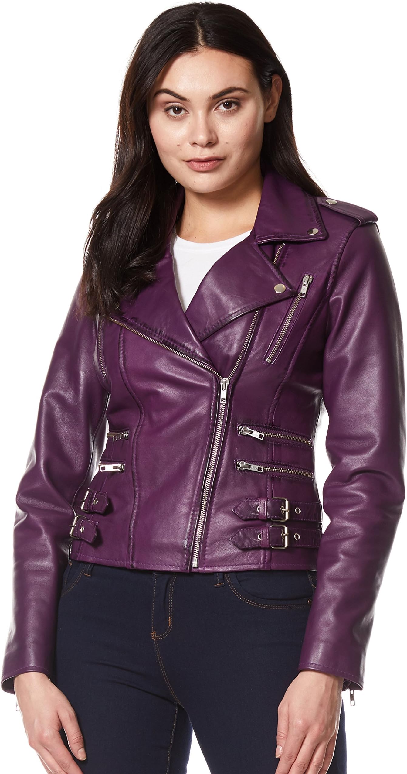 'Mystique' Ladies Purple Biker Style Motorcycle Designer Napa Leather Jacket 7113