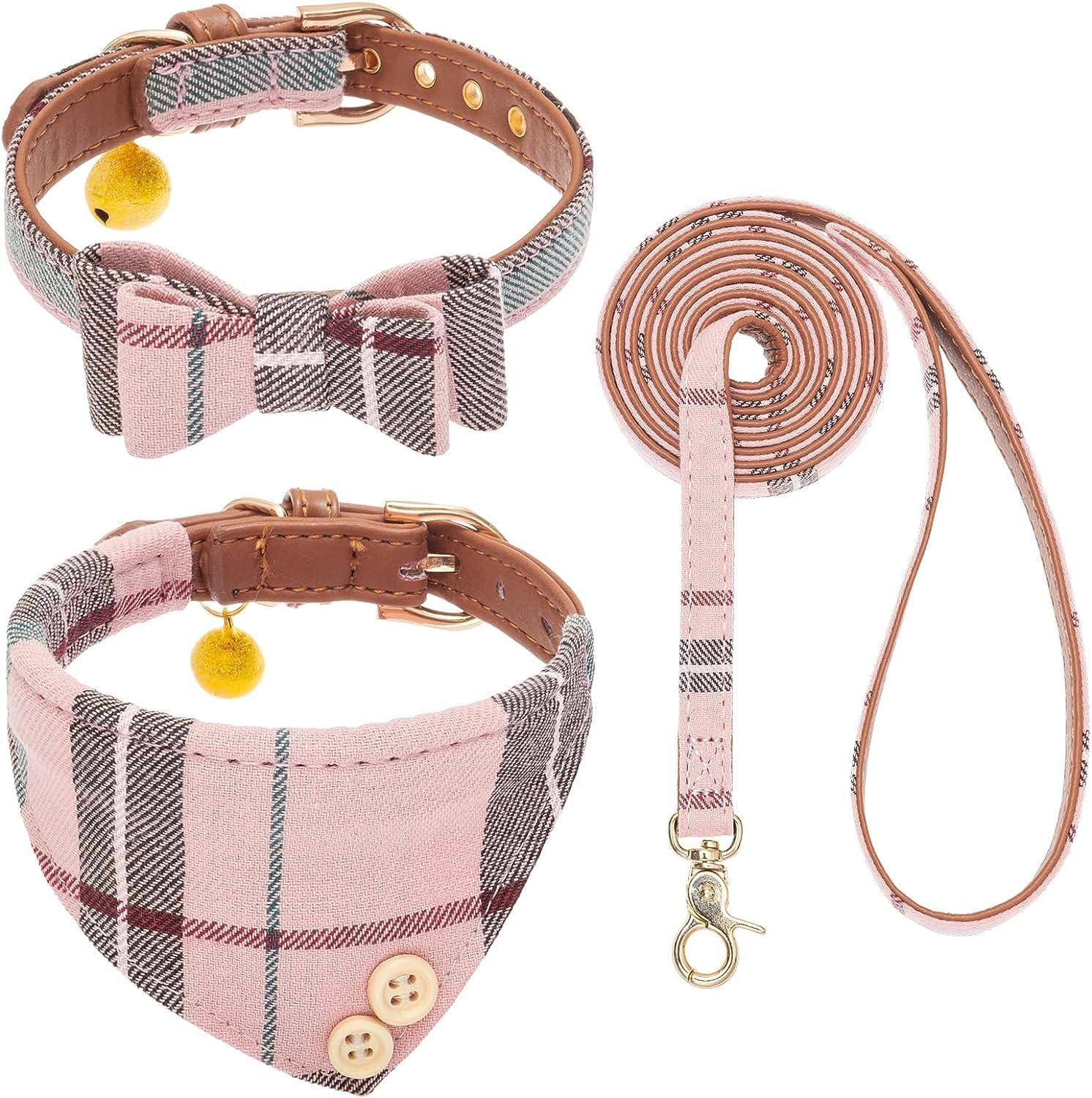 KOOLTAIL Pink Girl Dog Collar and Lead Set for Small Dogs with Bowtie and Bells - Puppy Collar and Lead Sets with Classic Plaid Matching Pattern, Soft Leather Tangle Free Leashes for Small Dogs Cats