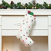 Hopearl Pom Pom Pleated Christmas Stocking Ruffle Lace Boho Style Sock Ultra Soft Dreamy Holder Ornament Luxury Gifts Bags for Family Xmas Tree Party Supplies, Cream, 18''