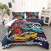AILONEN Racing Car Comforter Set Queen Size, Cool Speed Race Car Bedding Sets for Kids Boys,Automobile Extreme Sport Duvet Set,Checkered Squares Quilt Set,3 Pieces,1 Quilt and 2 Pillowcases,Microfibre