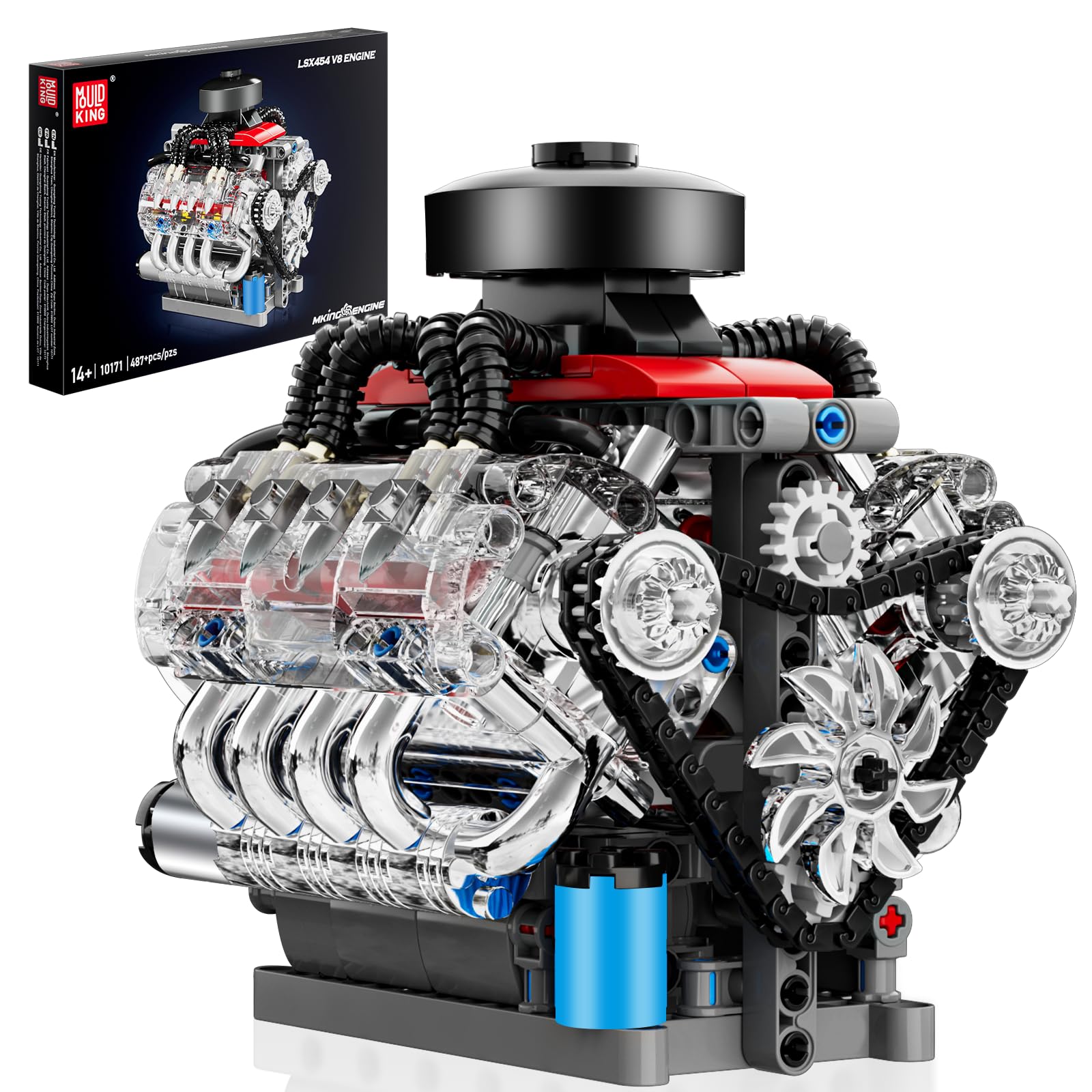Mould King 10171 Technik V8 Motor Bausatz Bausteine Klemmbausteine Motor LSX454 V-8 Engine Kit Klemmbausteine Benzinmotor Modell für Auto LKW Fans(487 Teile)