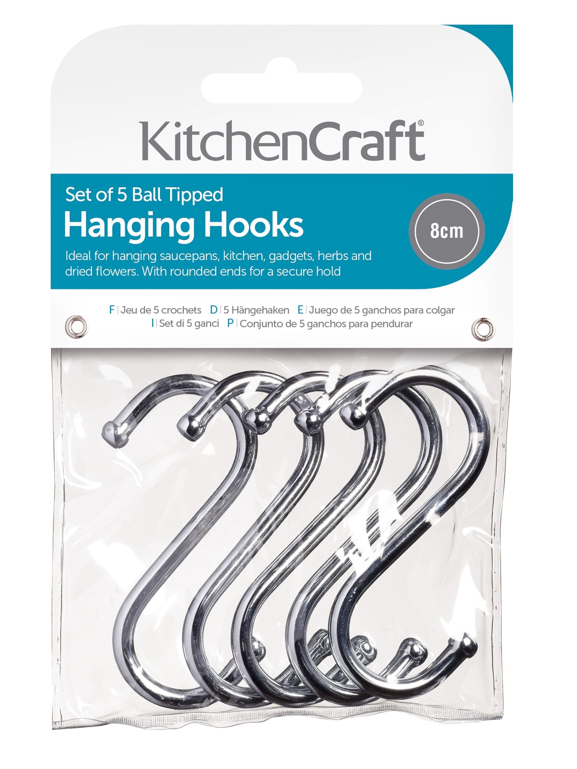 KitchenCraft S Hooks, Chrome Plated Metal, Medium (8 cm), Pack of 5