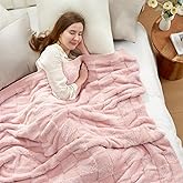 Snuggle Sac Checkered Throw Blanket,Fluffy Faux Fur Knitted with Soft Microfiber Warm Throw Blankets for Couch, Sofa, Chair, Bed, Camping, Picnic, Travel, Solid Pink, 50x60 inches